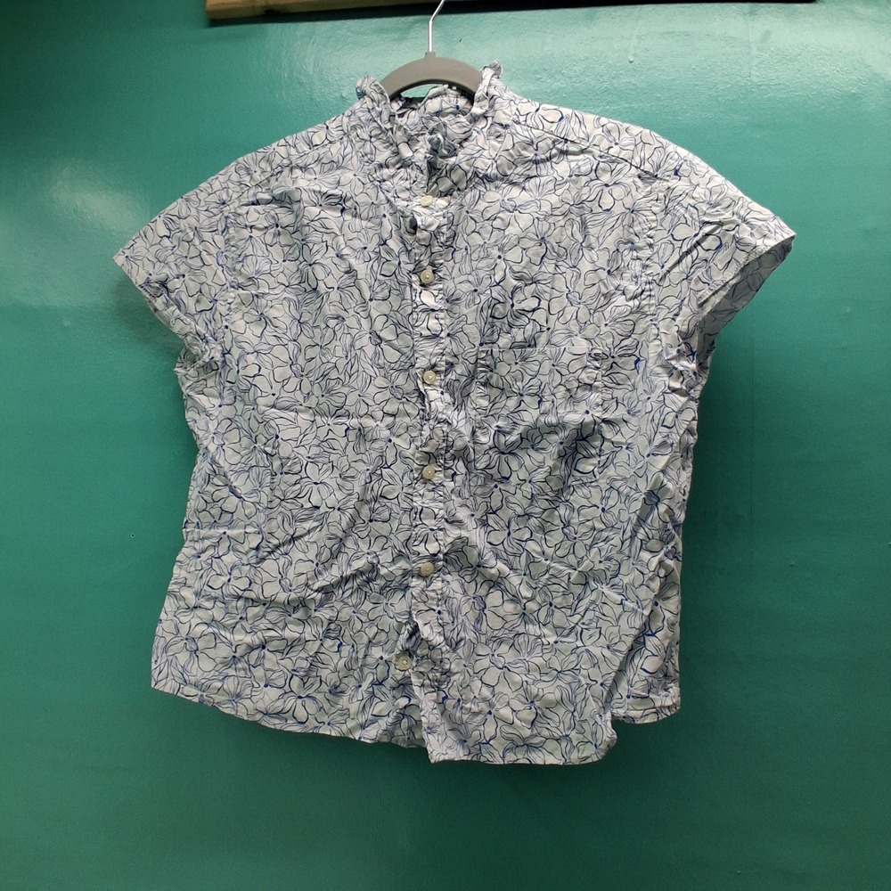 Gap Floral Button Down Top M White Blue Ruffle Slim Fit Coastal Cottagecore
